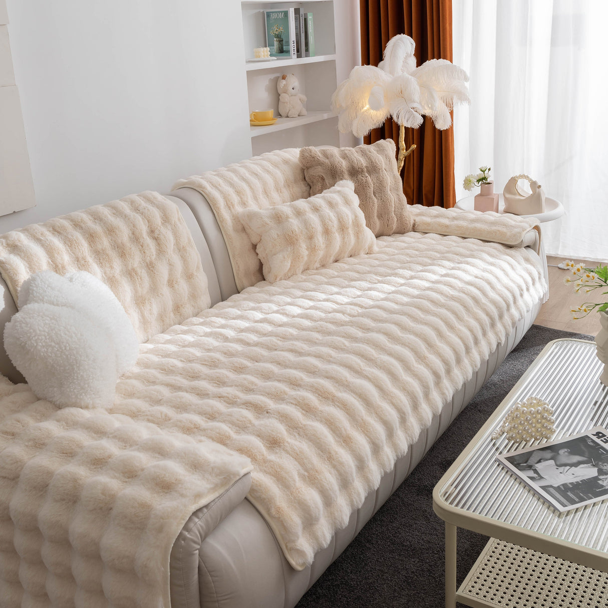 Thick Sofa Cushion Solid Color Faux Fur Fluffy Sofa Cushion Non-Slip Couch Covers