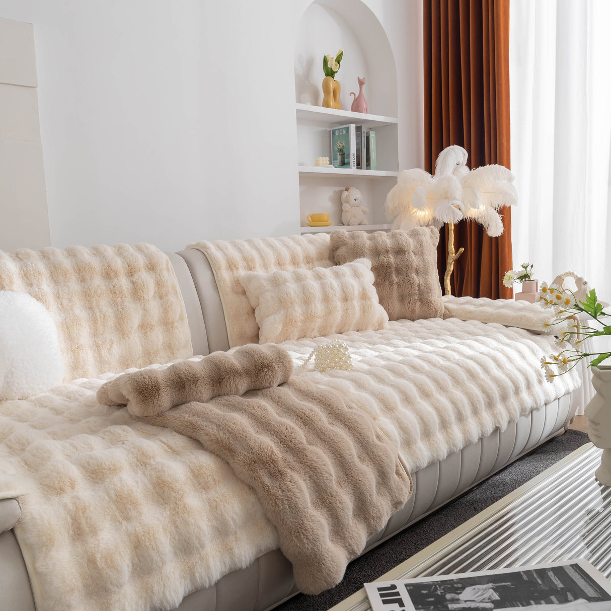 Thick Sofa Cushion Solid Color Faux Fur Fluffy Sofa Cushion Non-Slip Couch Covers