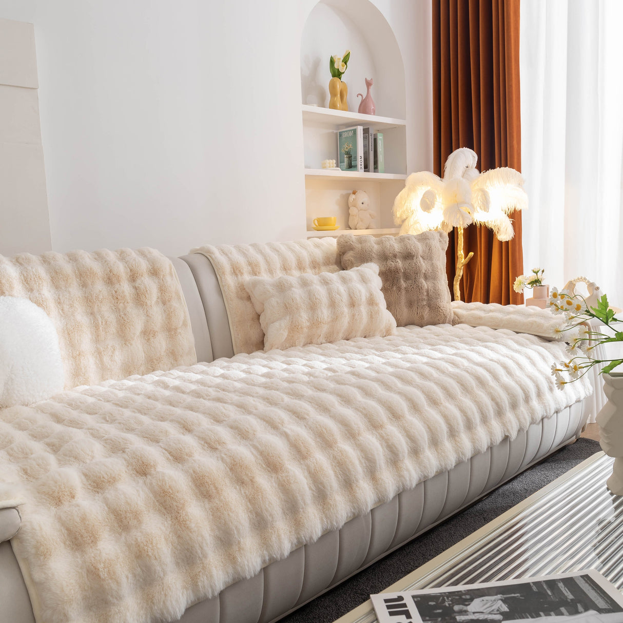 Thick Sofa Cushion Solid Color Faux Fur Fluffy Sofa Cushion Non-Slip Couch Covers