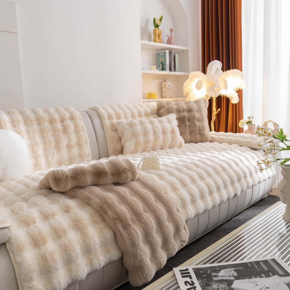 Thick Sofa Cushion Solid Color Faux Fur Fluffy Sofa Cushion Non-Slip Couch Covers