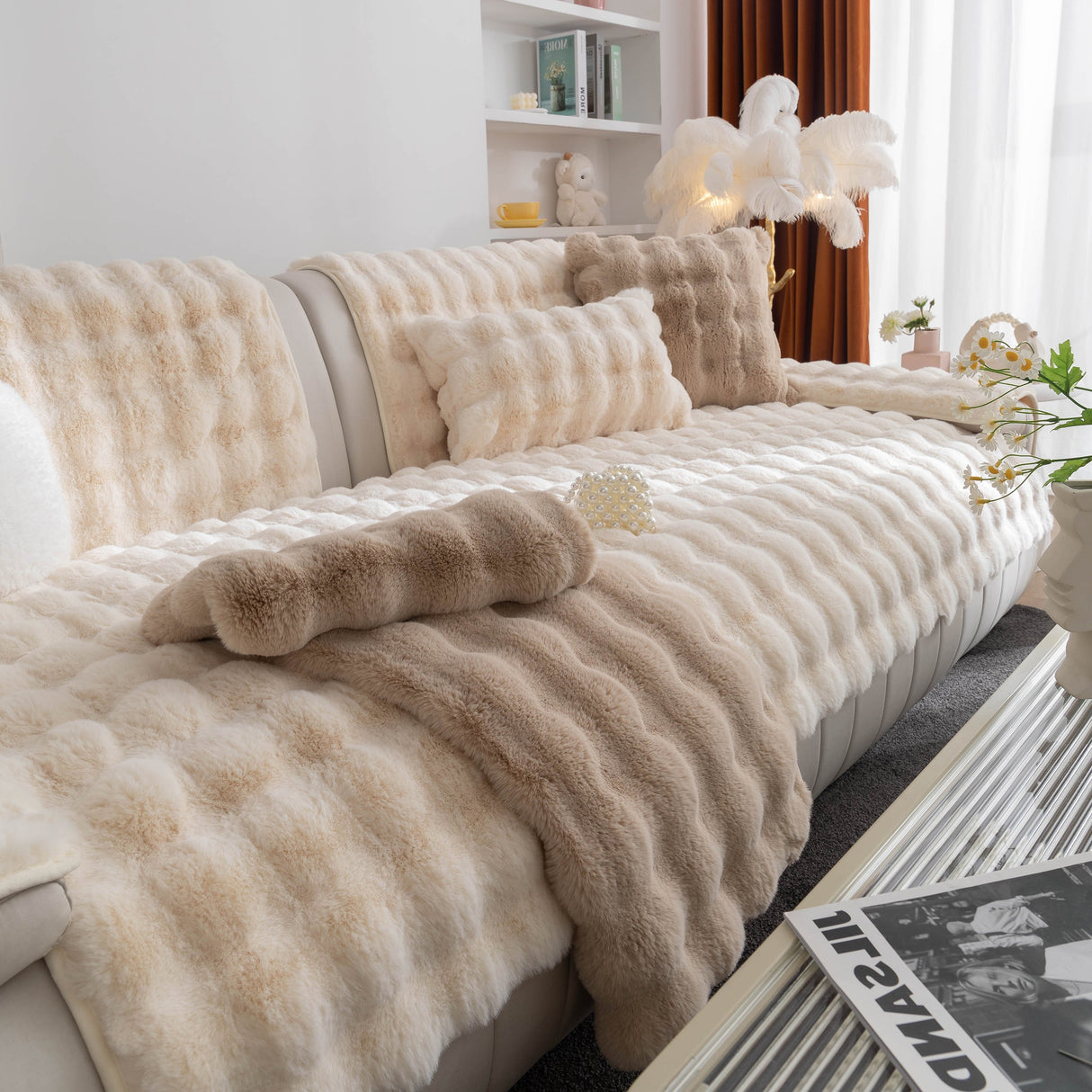 Thick Sofa Cushion Solid Color Faux Fur Fluffy Sofa Cushion Non-Slip Couch Covers