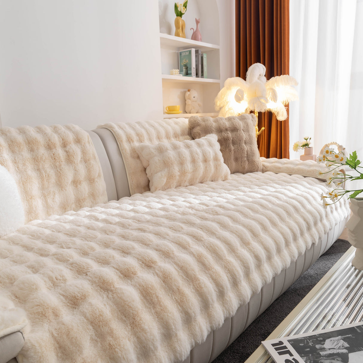 Thick Sofa Cushion Solid Color Faux Fur Fluffy Sofa Cushion Non-Slip Couch Covers