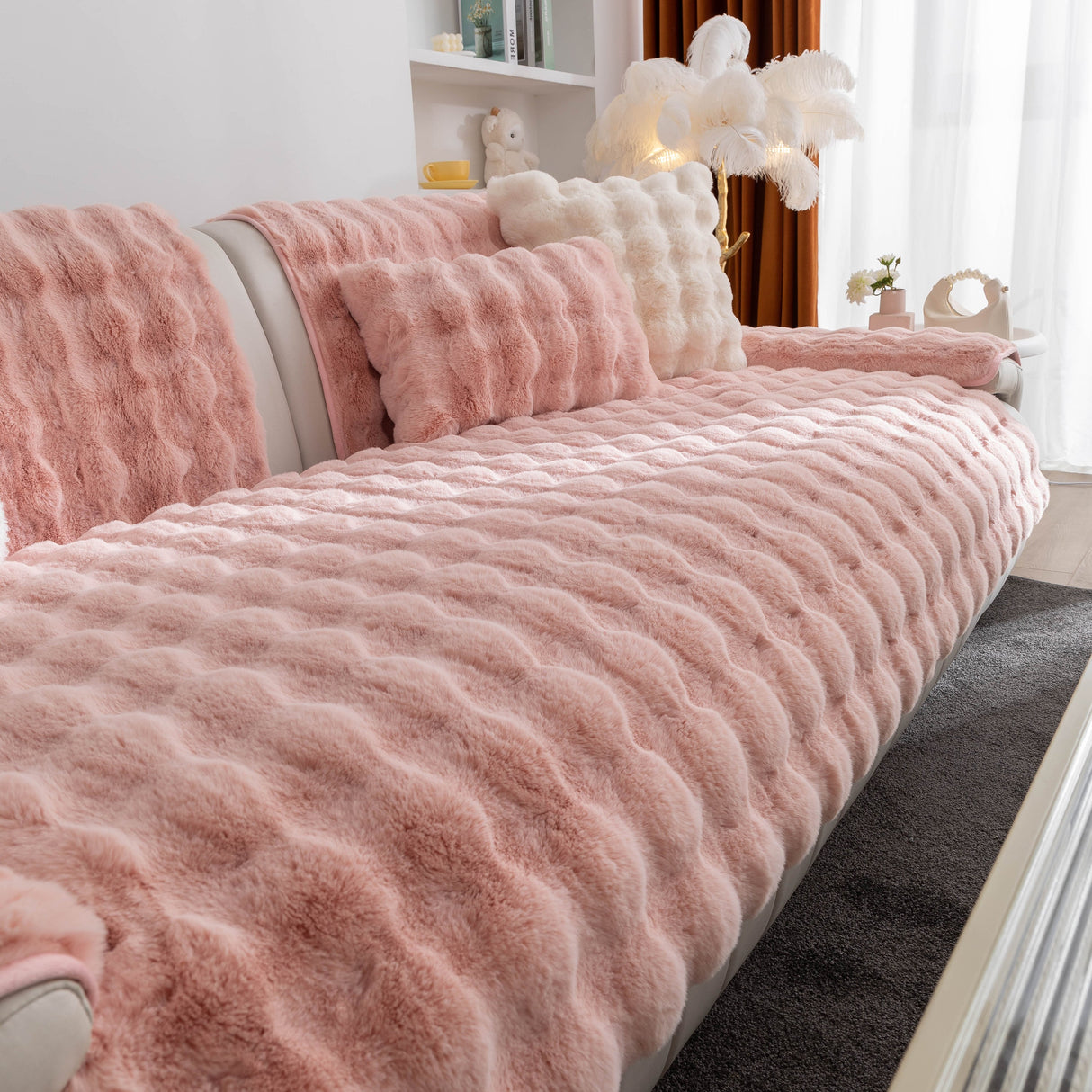 Thick Sofa Cushion Solid Color Faux Fur Fluffy Sofa Cushion Non-Slip Couch Covers