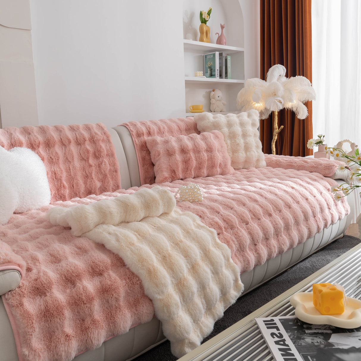 Thick Sofa Cushion Solid Color Faux Fur Fluffy Sofa Cushion Non-Slip Couch Covers