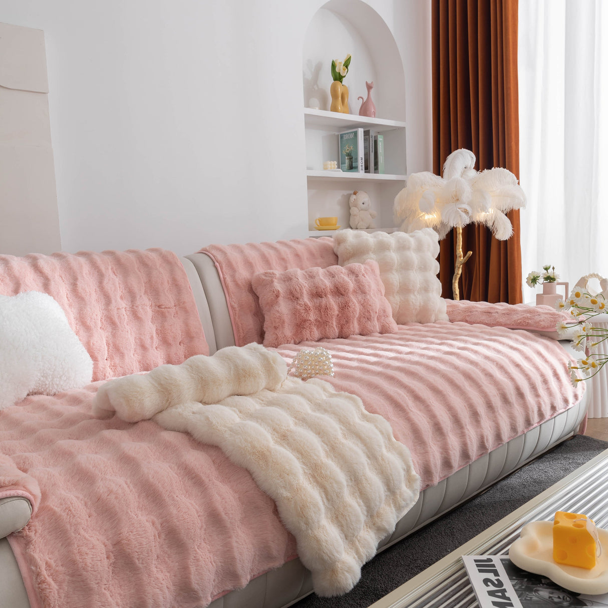 Thick Sofa Cushion Solid Color Faux Fur Fluffy Sofa Cushion Non-Slip Couch Covers