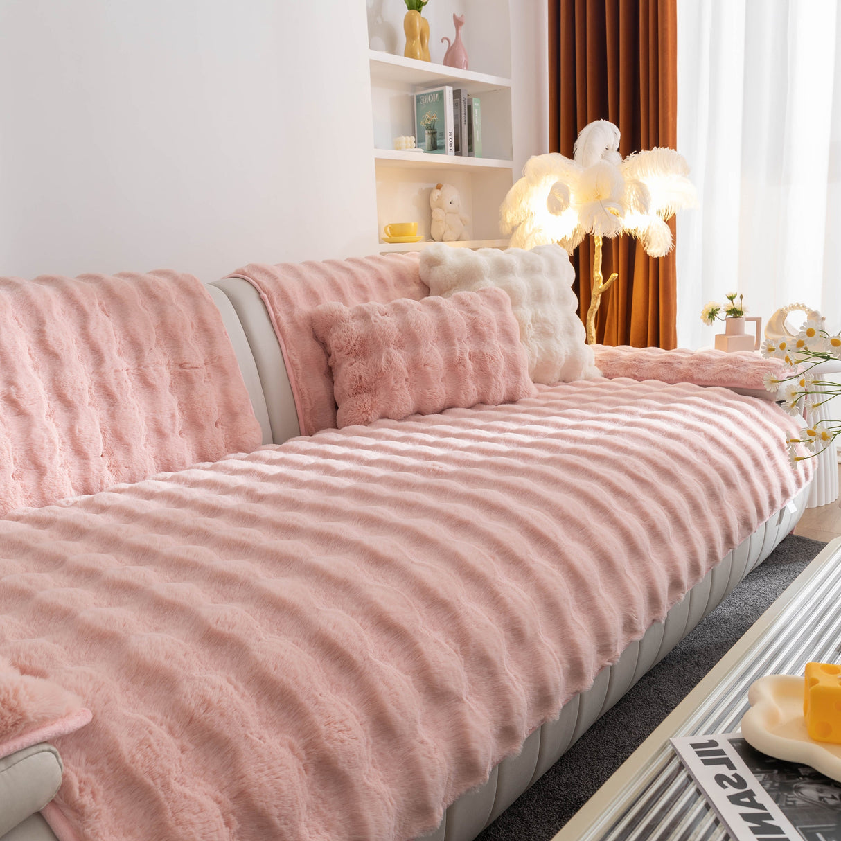 Thick Sofa Cushion Solid Color Faux Fur Fluffy Sofa Cushion Non-Slip Couch Covers