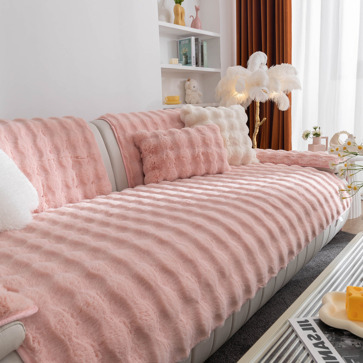 Thick Sofa Cushion Solid Color Faux Fur Fluffy Sofa Cushion Non-Slip Couch Covers