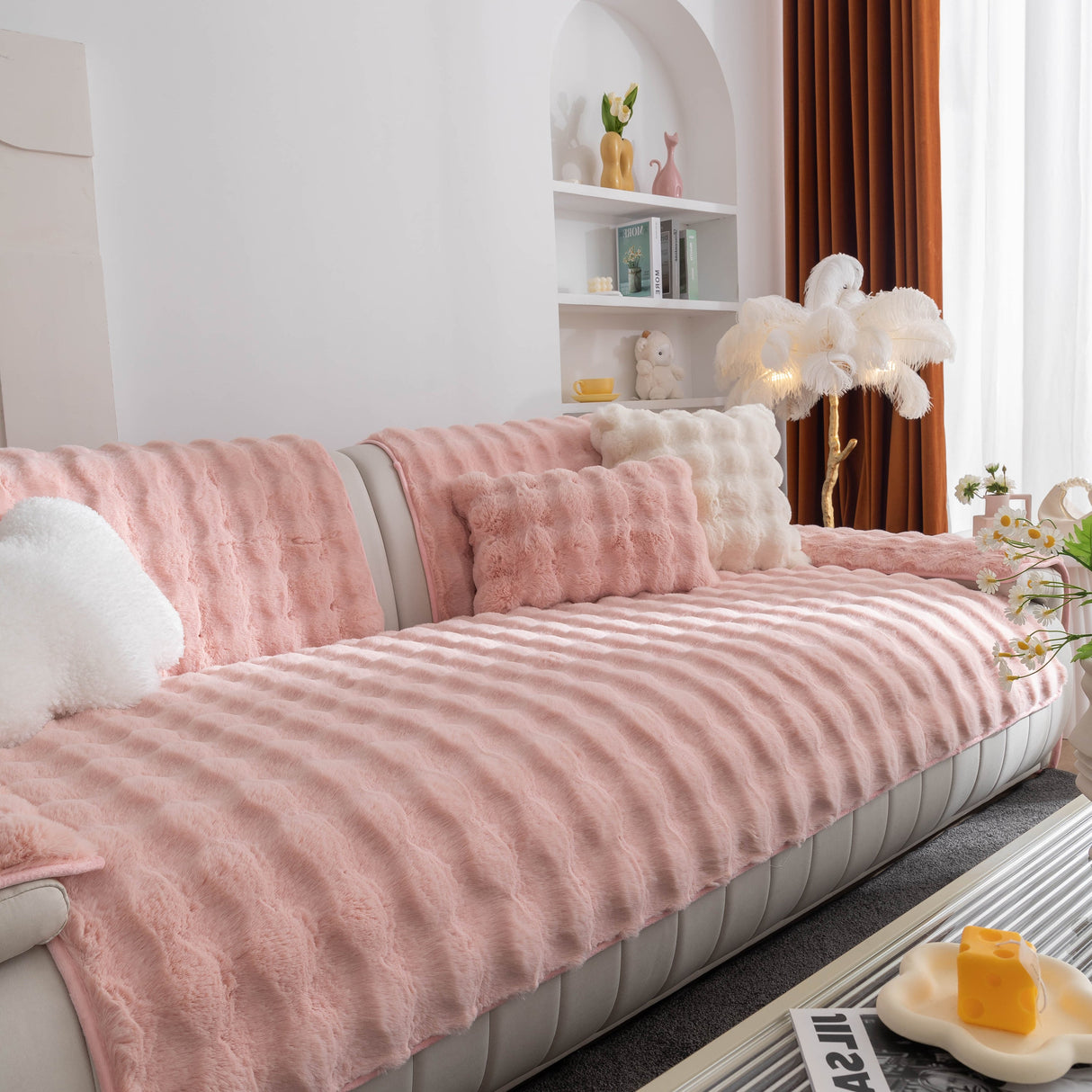 Thick Sofa Cushion Solid Color Faux Fur Fluffy Sofa Cushion Non-Slip Couch Covers