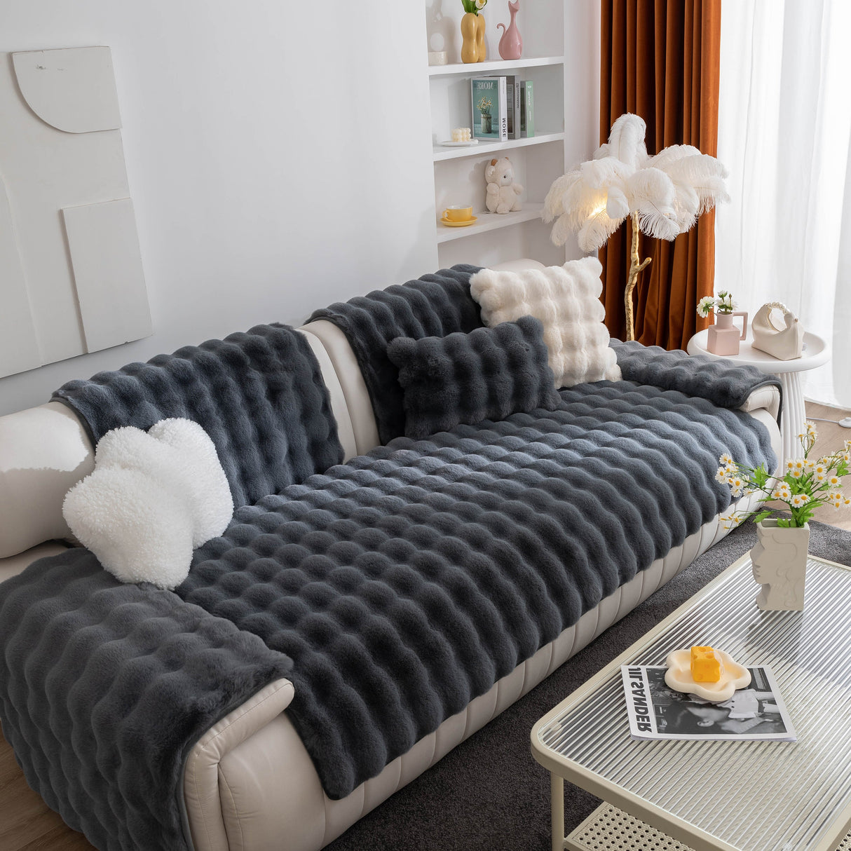 Thick Sofa Cushion Solid Color Faux Fur Fluffy Sofa Cushion Non-Slip Couch Covers