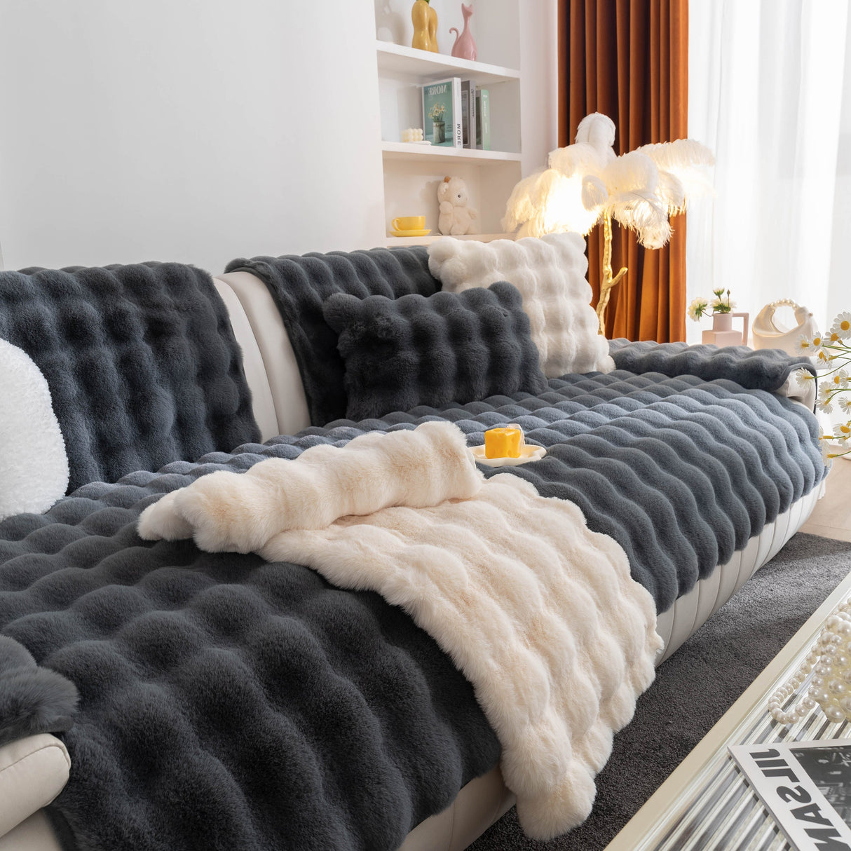 Thick Sofa Cushion Solid Color Faux Fur Fluffy Sofa Cushion Non-Slip Couch Covers