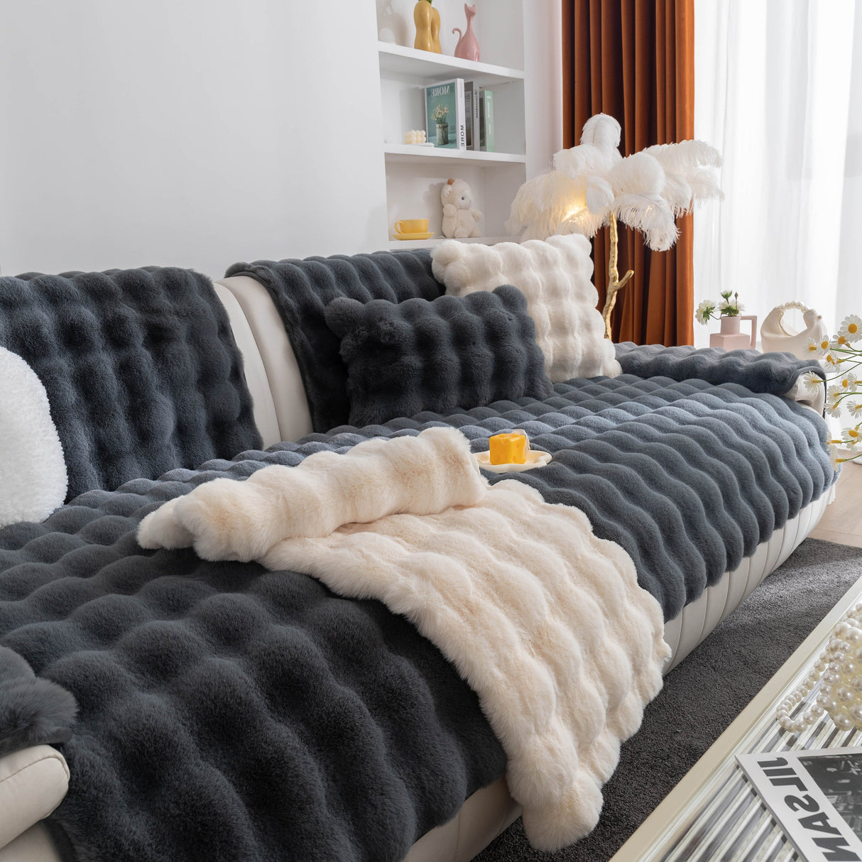 Thick Sofa Cushion Solid Color Faux Fur Fluffy Sofa Cushion Non-Slip Couch Covers