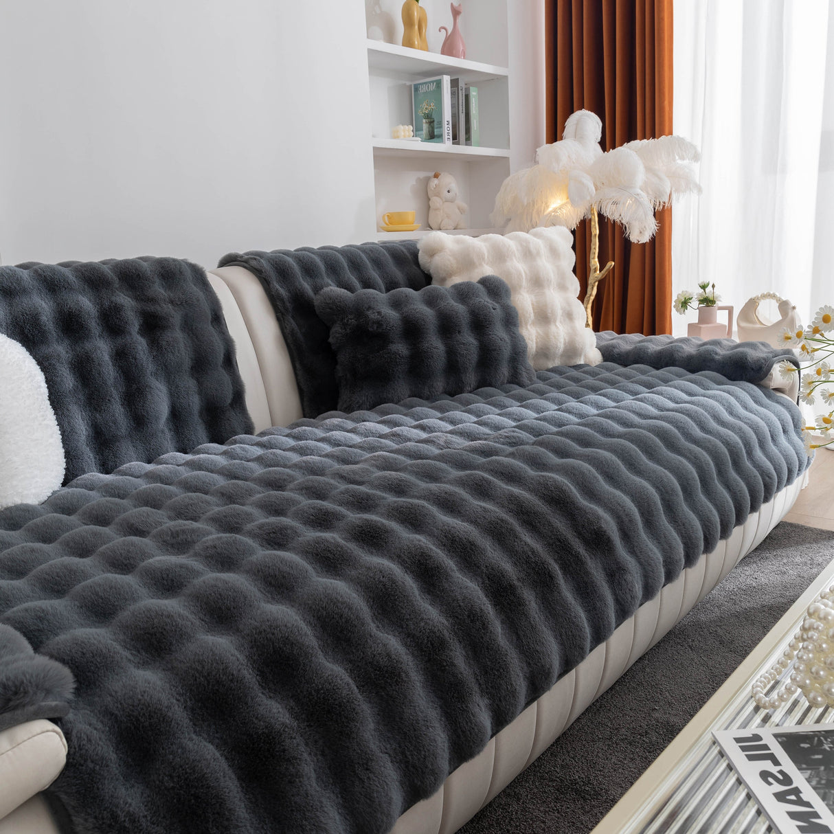 Thick Sofa Cushion Solid Color Faux Fur Fluffy Sofa Cushion Non-Slip Couch Covers