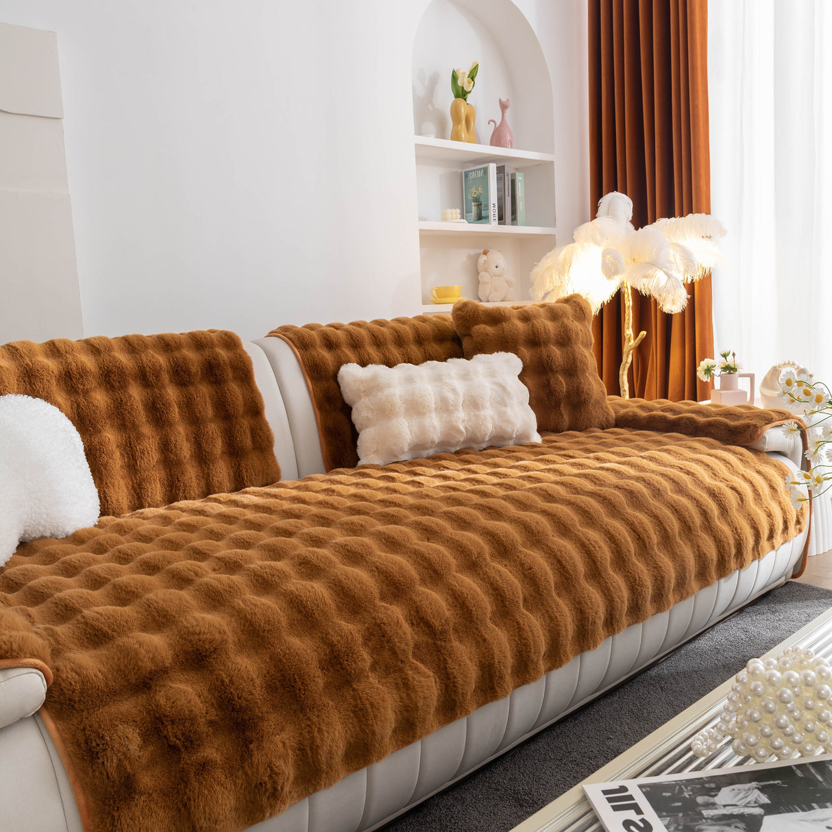 Thick Sofa Cushion Solid Color Faux Fur Fluffy Sofa Cushion Non-Slip Couch Covers