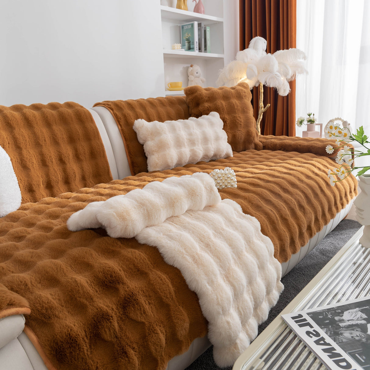 Thick Sofa Cushion Solid Color Faux Fur Fluffy Sofa Cushion Non-Slip Couch Covers