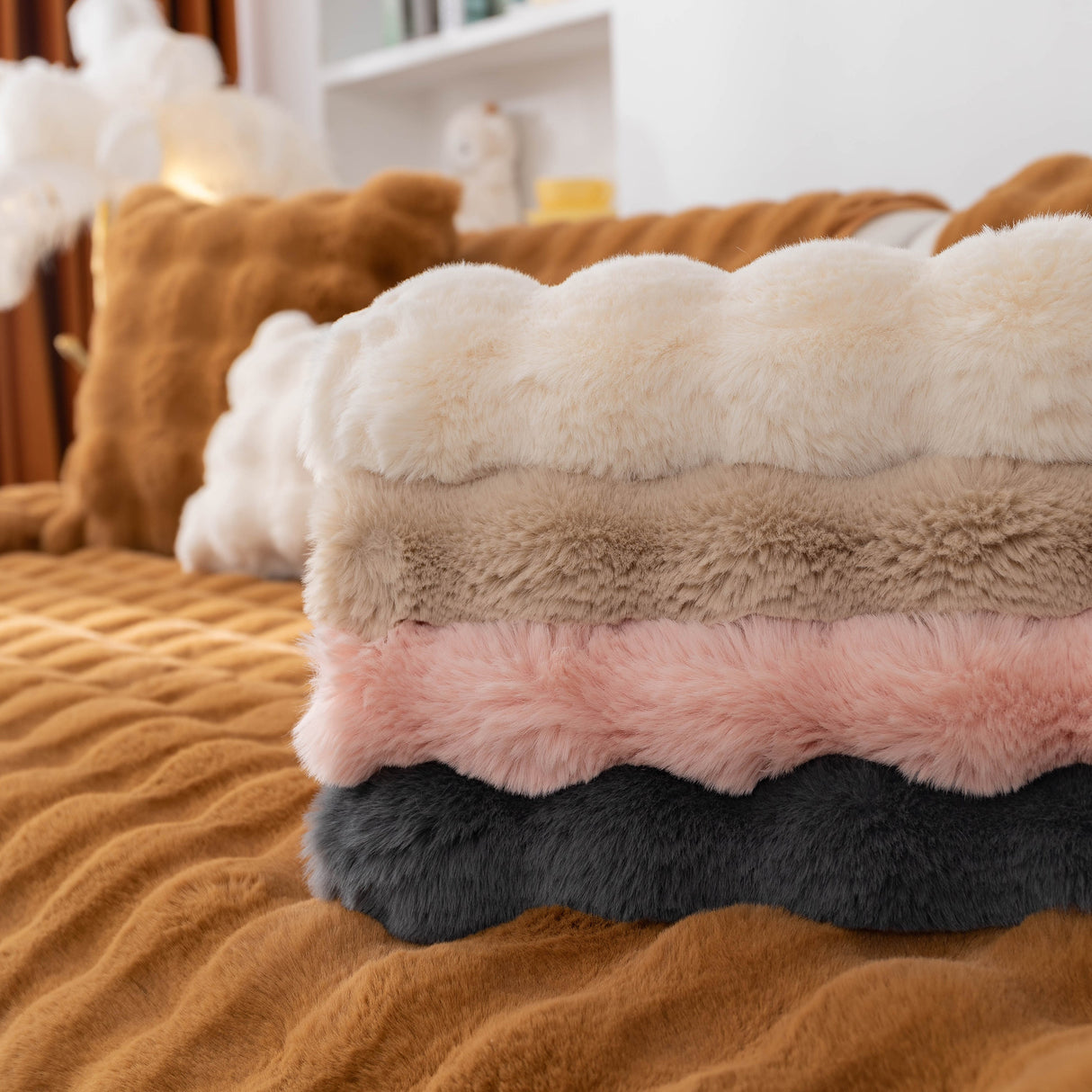 Thick Sofa Cushion Solid Color Faux Fur Fluffy Sofa Cushion Non-Slip Couch Covers