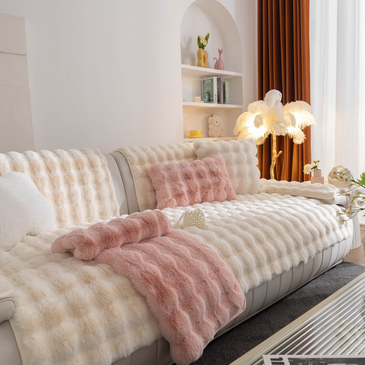 Thick Sofa Cushion Solid Color Faux Fur Fluffy Sofa Cushion Non-Slip Couch Covers