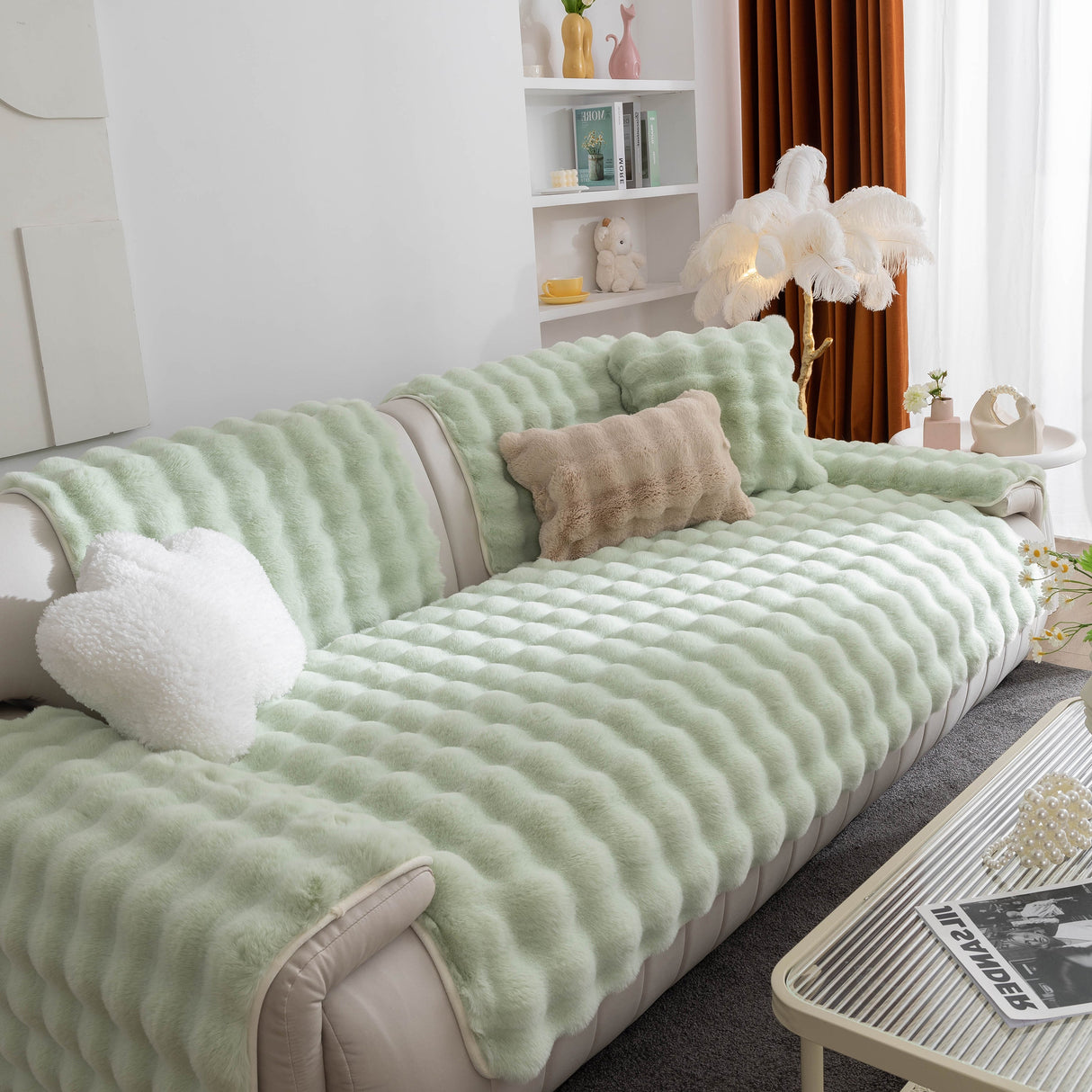 Thick Sofa Cushion Solid Color Faux Fur Fluffy Sofa Cushion Non-Slip Couch Covers