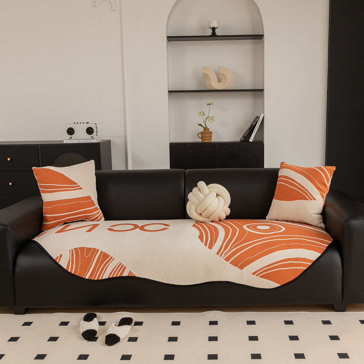 Abstract Art Sofa Cover with Wave Edge, Non Slip Couch Cover for Stylish Homes