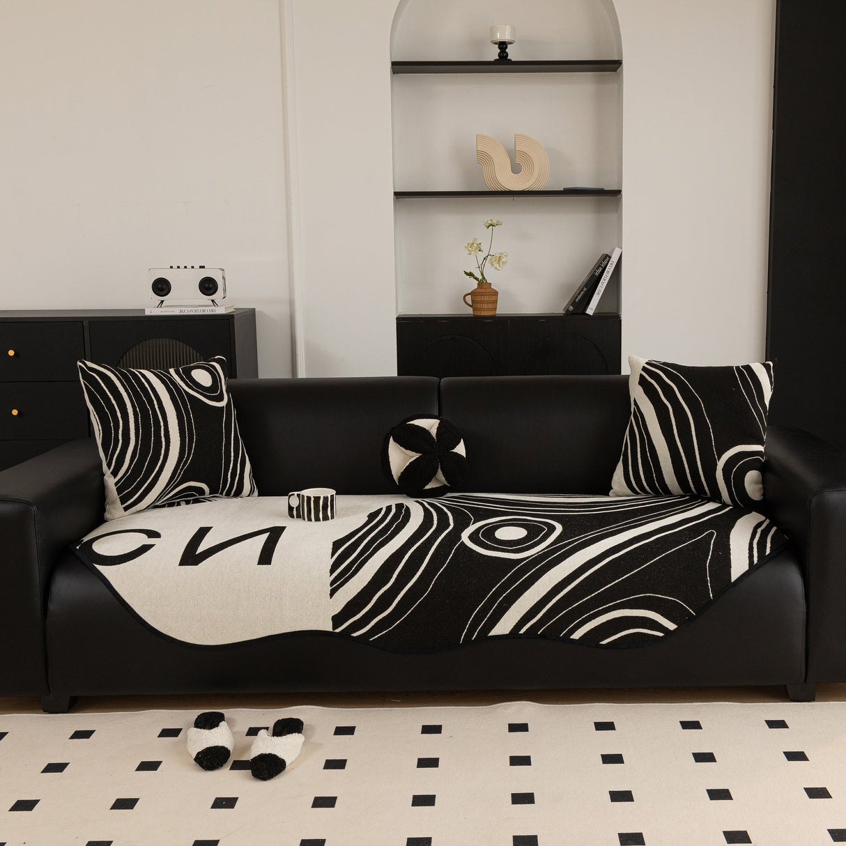 Abstract Art Sofa Cover with Wave Edge, Non Slip Couch Cover for Stylish Homes