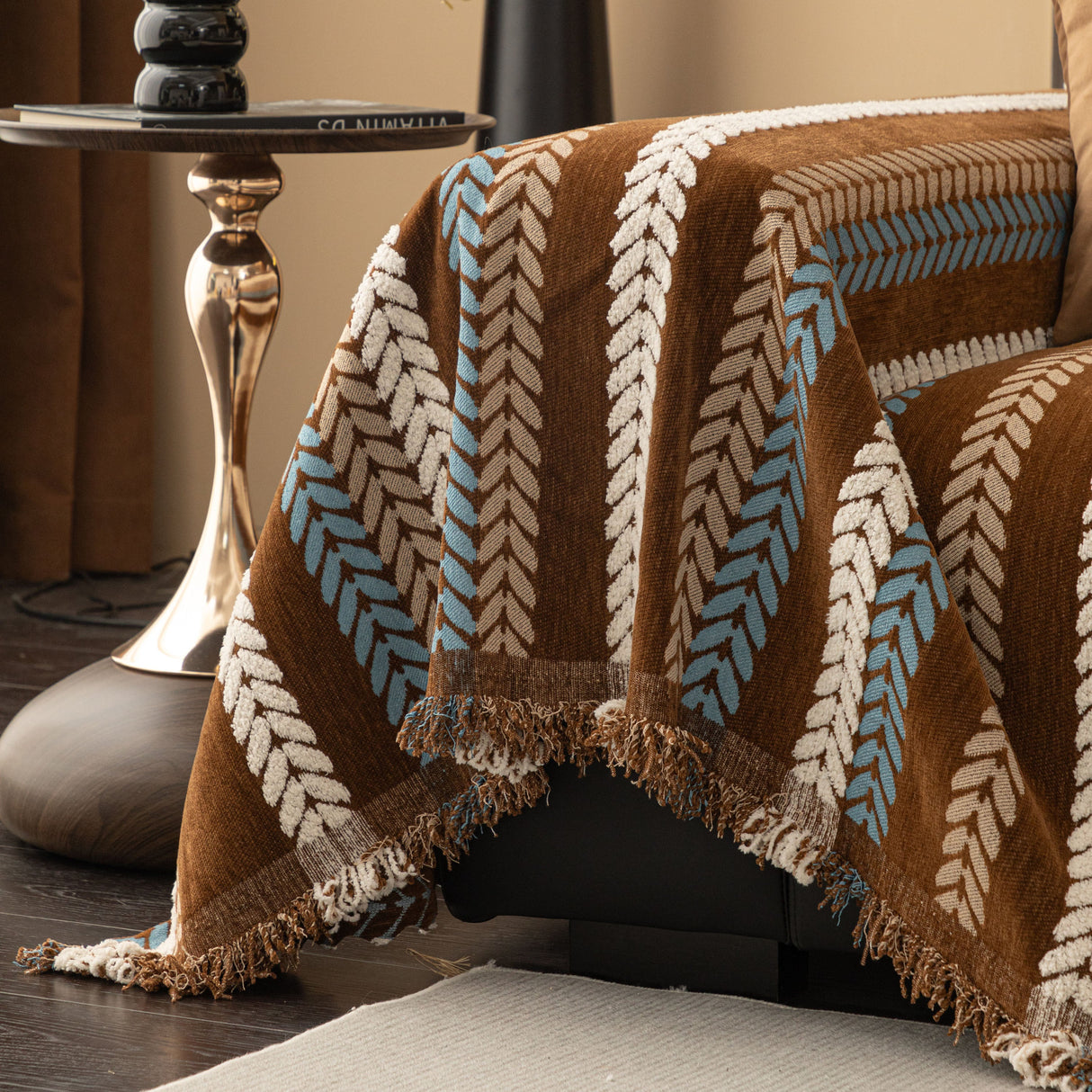 Cozy Decorative Throw Blanket for Couches, Boho Plush Woven Sofa Cover with Stripes