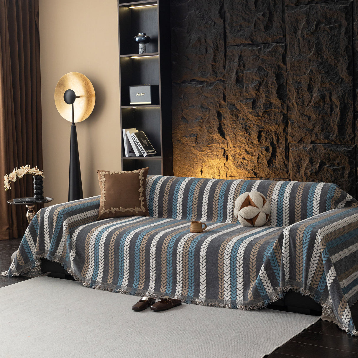 Cozy Decorative Throw Blanket for Couches, Boho Plush Woven Sofa Cover with Stripes