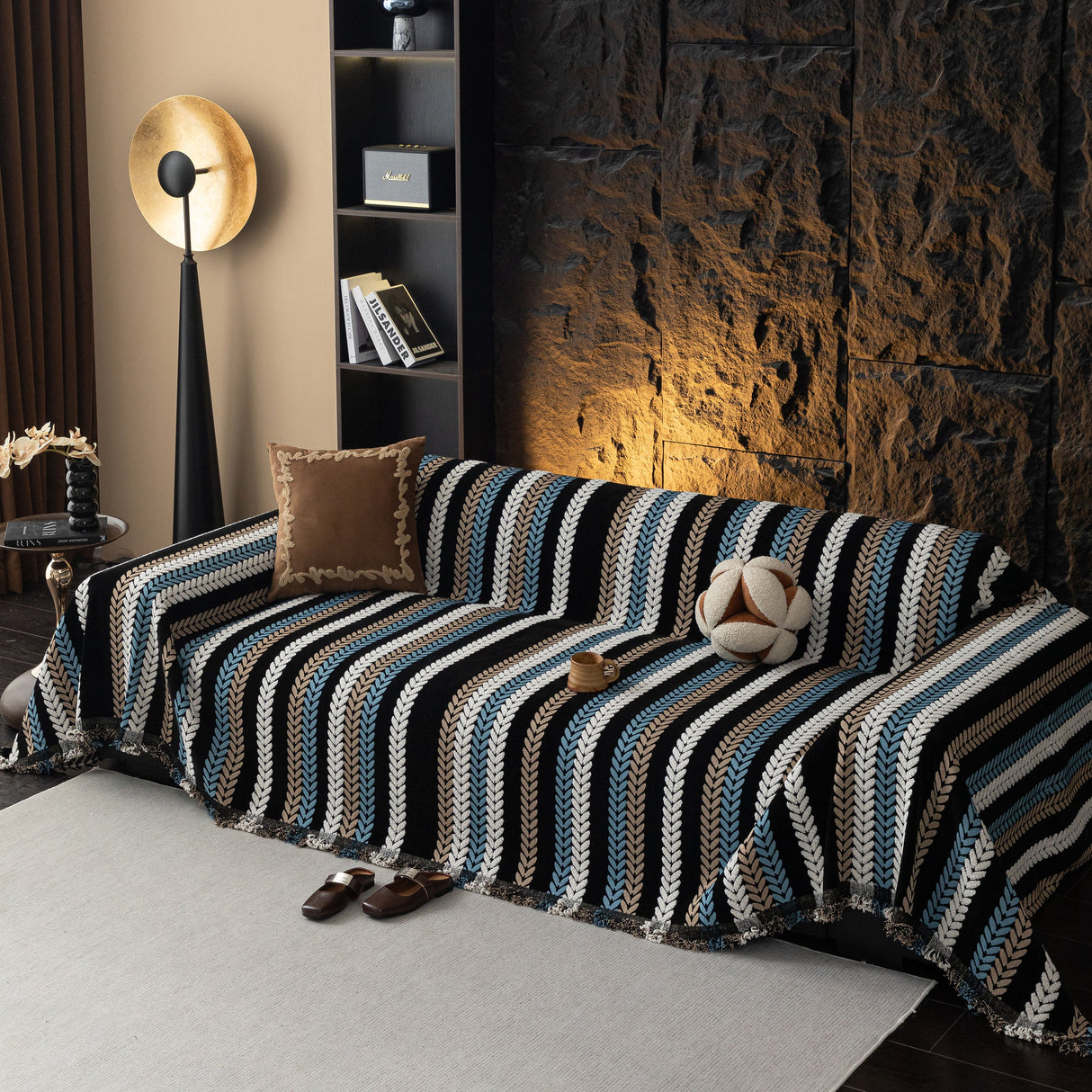 Cozy Decorative Throw Blanket for Couches, Boho Plush Woven Sofa Cover with Stripes