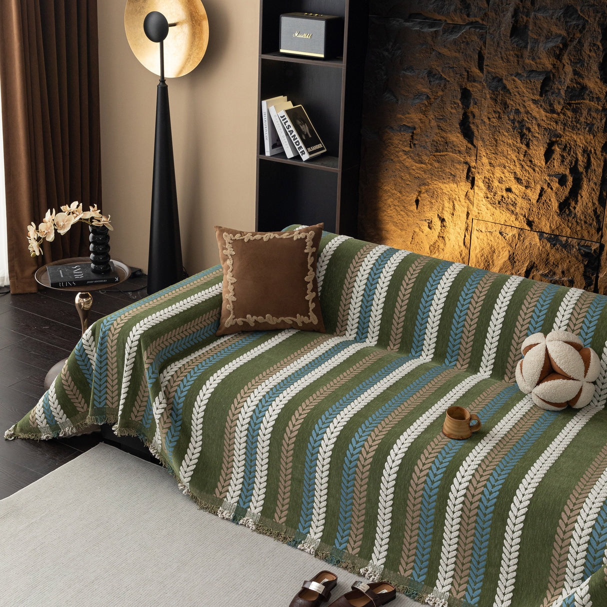 Cozy Decorative Throw Blanket for Couches, Boho Plush Woven Sofa Cover with Stripes