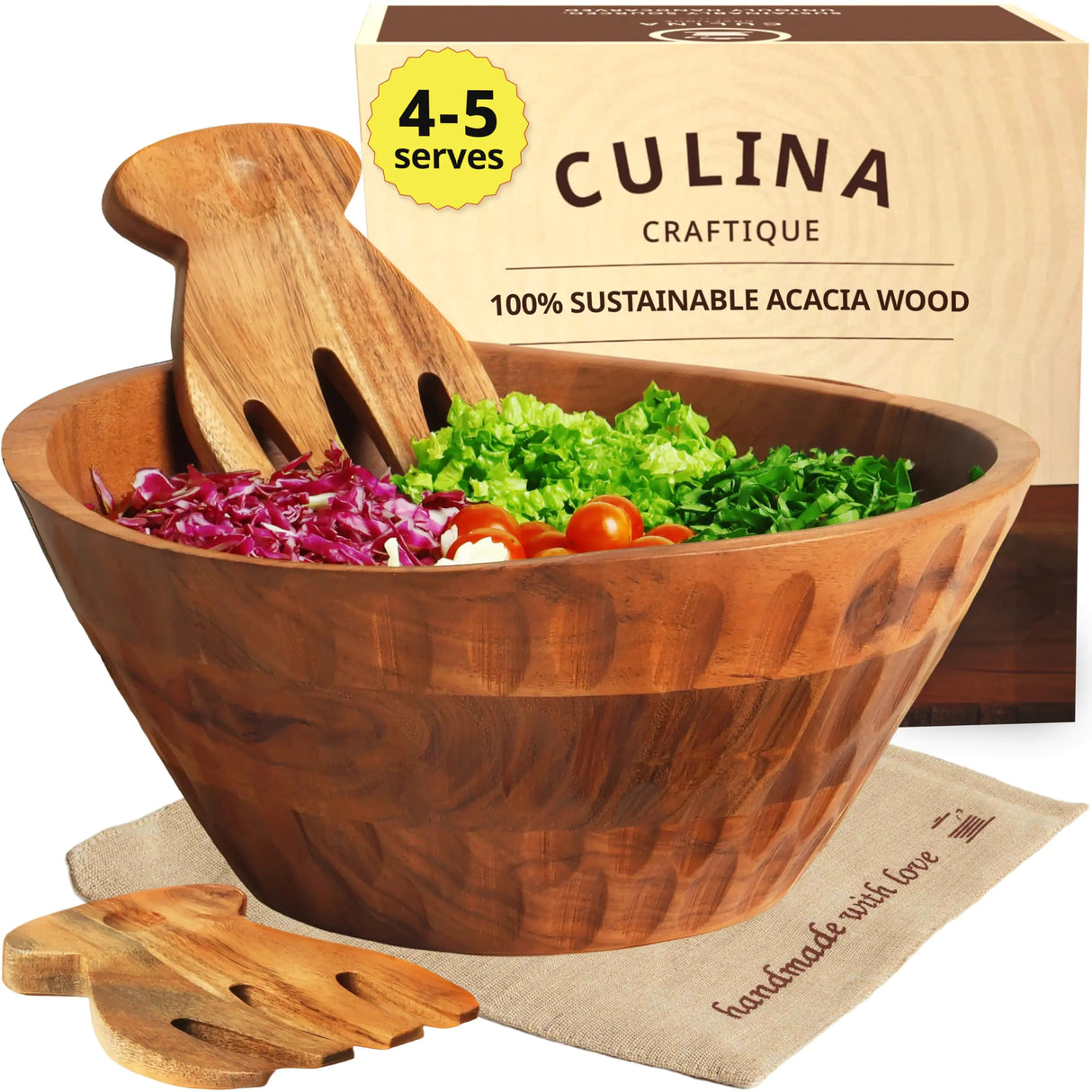 Culina Craftique Wooden Salad Bowl - 11" Large serveware set w/serving utensils & table placemat — Easy to clean — Acacia wood bowls for food | fruits | Hosting | Modern kitchen decor | gifts