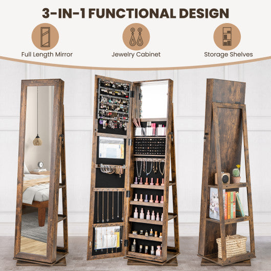 360° Swivel Jewelry Armoire Standing Jewelry Organizer with Full Length Mirror and Back Shelves-Rustic Brown