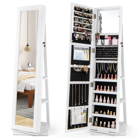 360° Swivel Jewelry Armoire Standing Jewelry Organizer with Full Length Mirror and Back Shelves-White