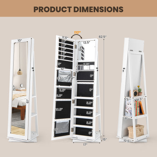 360° Swivel Jewelry Armoire Standing Jewelry Organizer with Full Length Mirror and Back Shelves-White