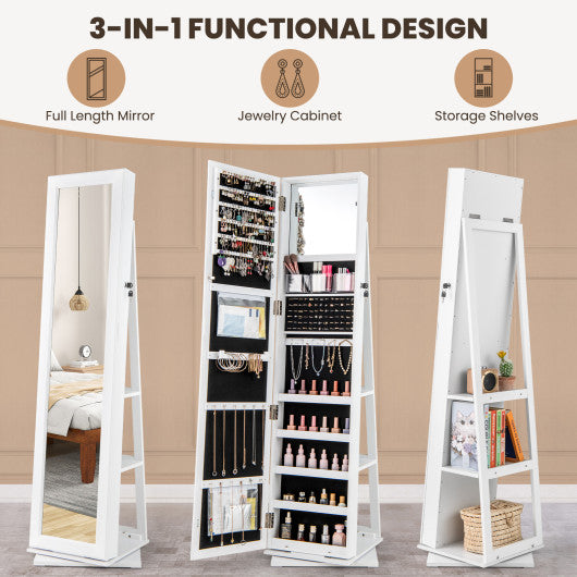 360° Swivel Jewelry Armoire Standing Jewelry Organizer with Full Length Mirror and Back Shelves-White