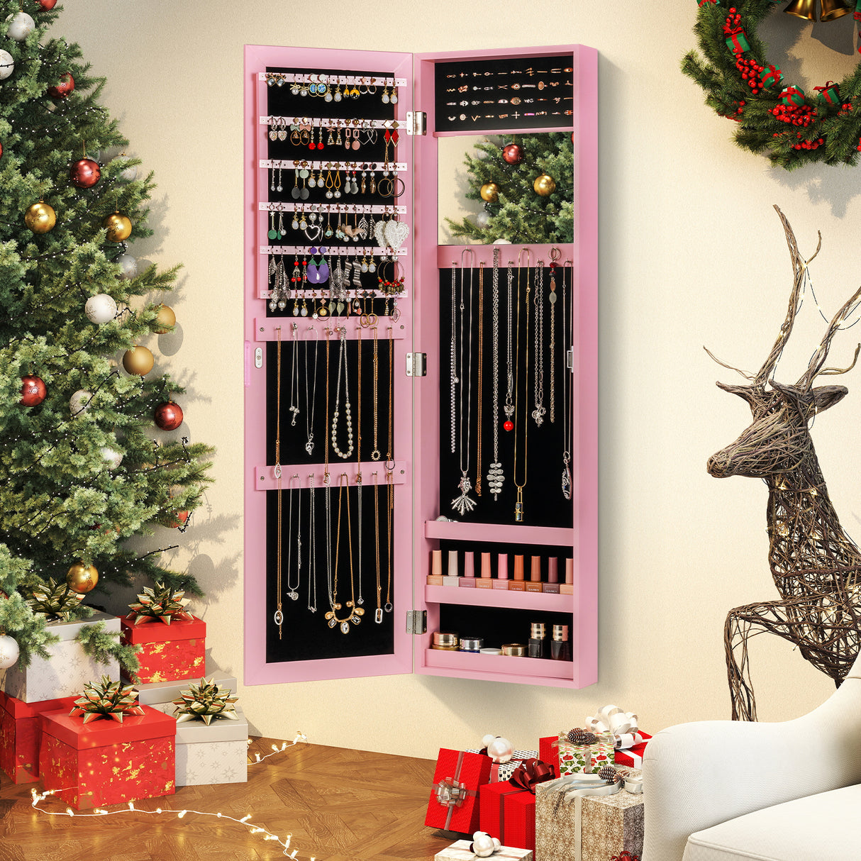Jewelry Cabinet Wall or Door Mounted Jewelry Armoire Modern Hanging Jewelry Organizer-Pink