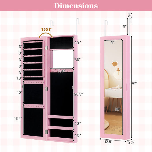 Jewelry Cabinet Wall or Door Mounted Jewelry Armoire Modern Hanging Jewelry Organizer-Pink