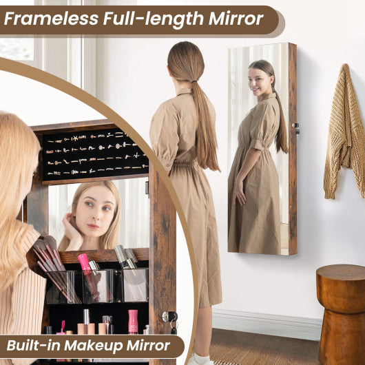 43.5 Inch Jewelry Mirror Cabinet with Full-length Mirror and Adjustable Hangers-Rustic Brown