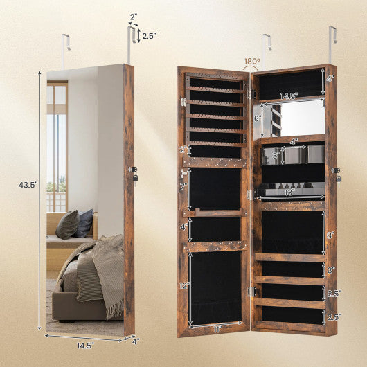 43.5 Inch Jewelry Mirror Cabinet with Full-length Mirror and Adjustable Hangers-Rustic Brown