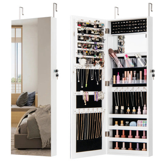 43.5 Inch Jewelry Mirror Cabinet with Full-length Mirror and Adjustable Hangers-White