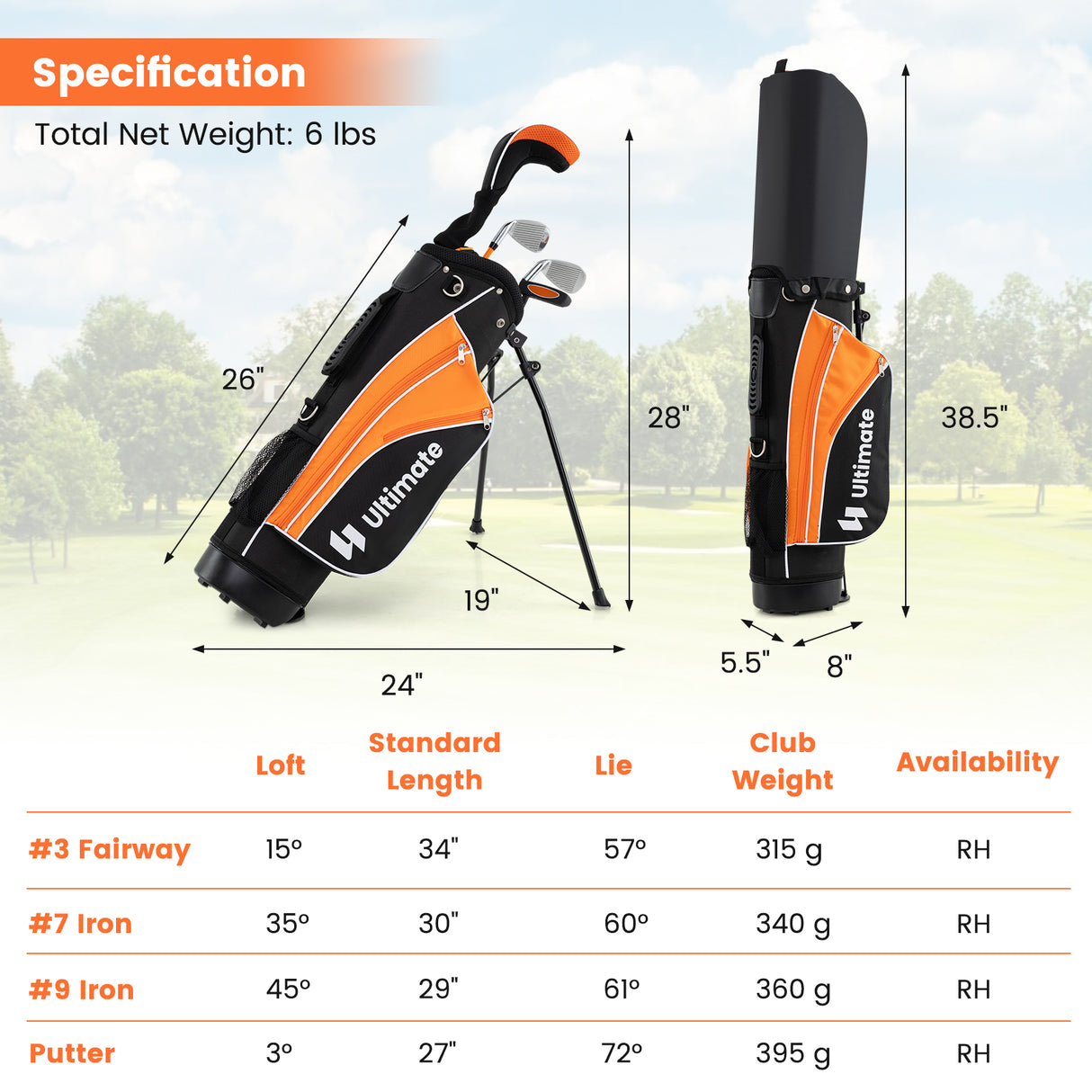Junior Complete Golf Club Set For Age 8 to 10-Yellow
