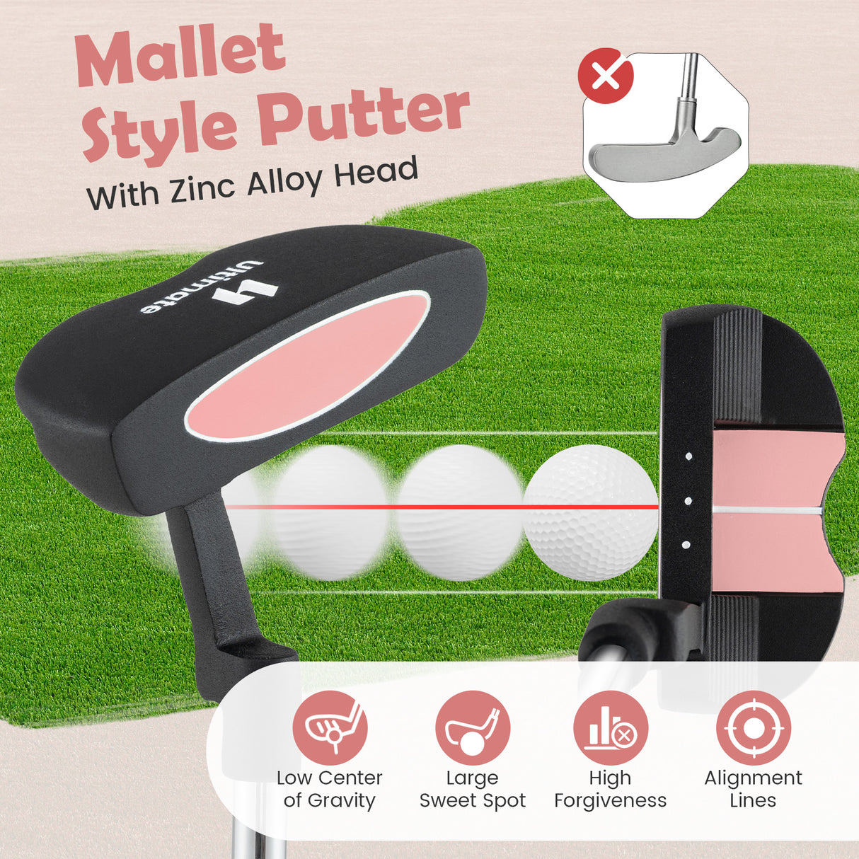 Junior Mallet Putter Individual Gold Club for Kids Ages 11-14-Pink