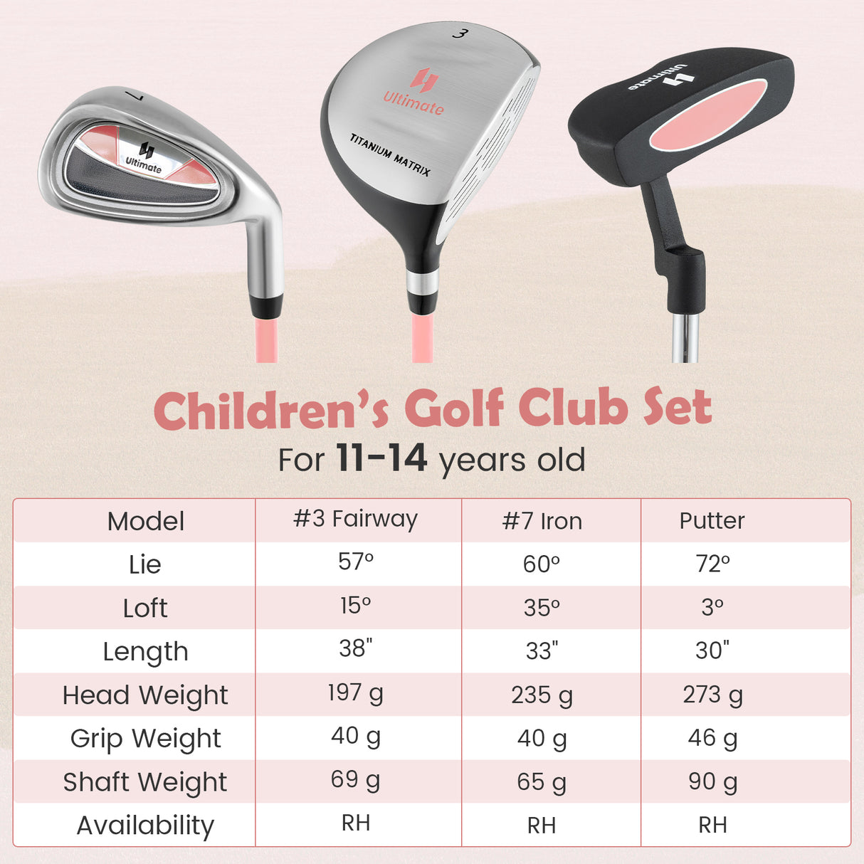 Junior Mallet Putter Individual Gold Club for Kids Ages 11-14-Pink