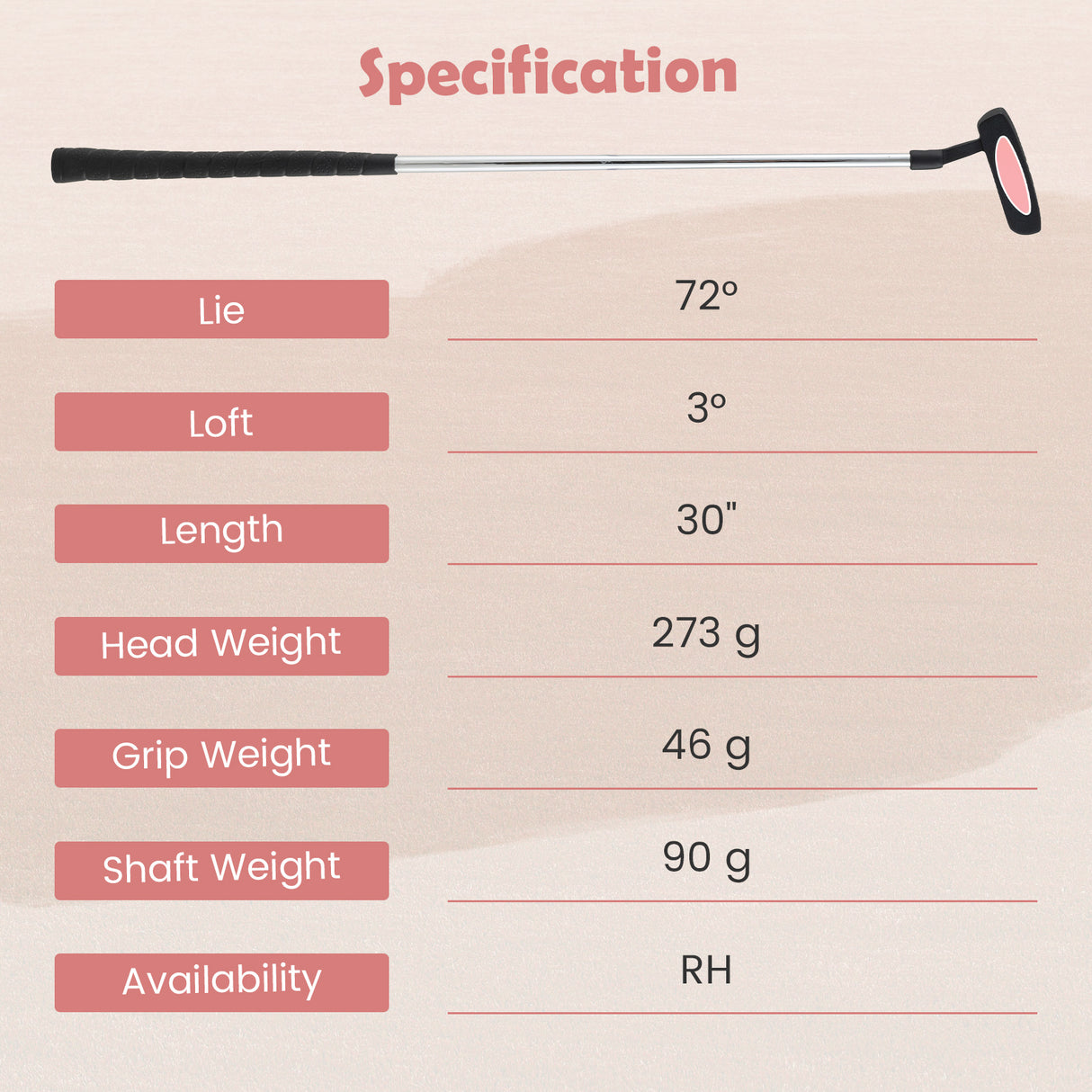 Junior Mallet Putter Individual Gold Club for Kids Ages 11-14-Pink