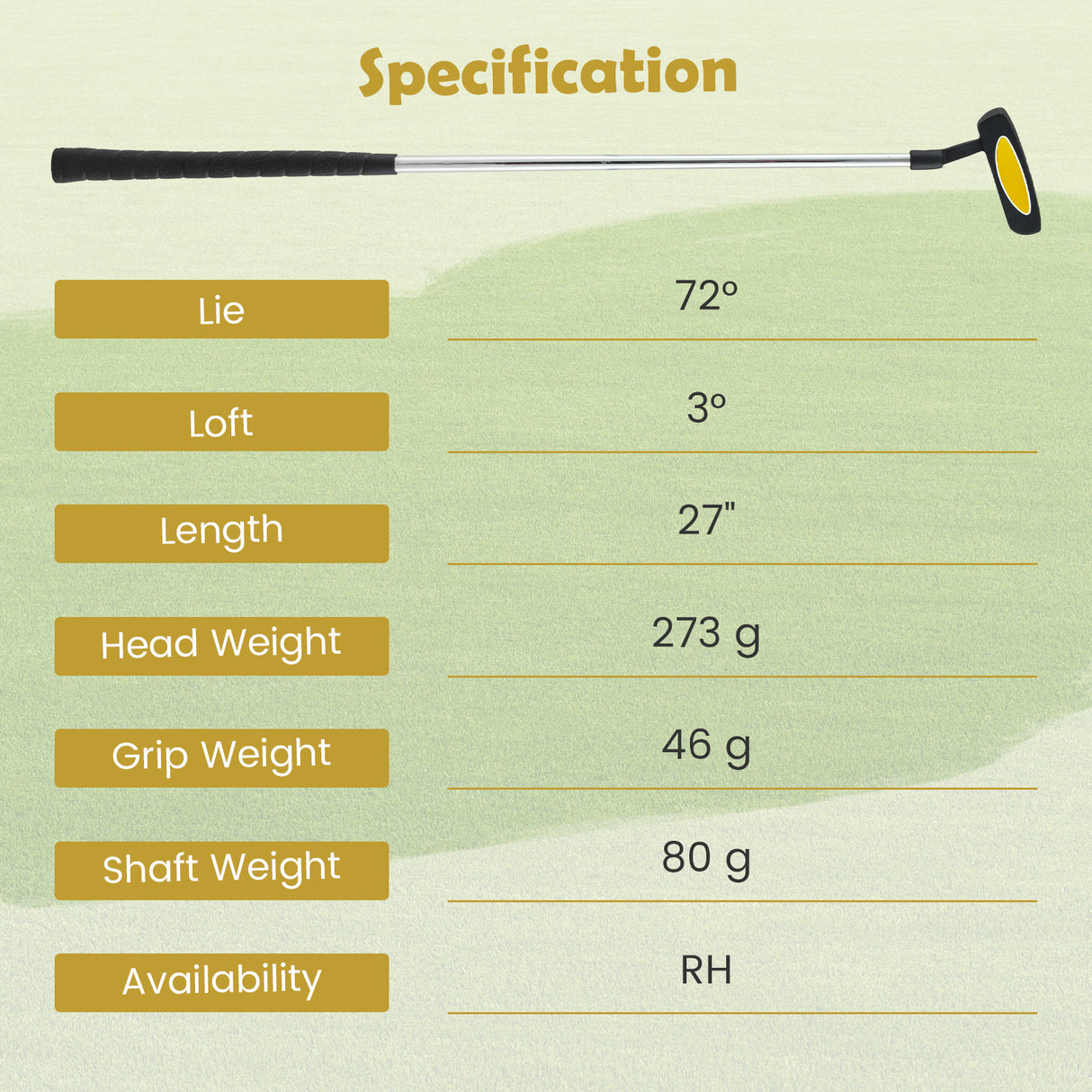 Junior Mallet Putter Individual Gold Club for 8-10 years old Kids-Yellow