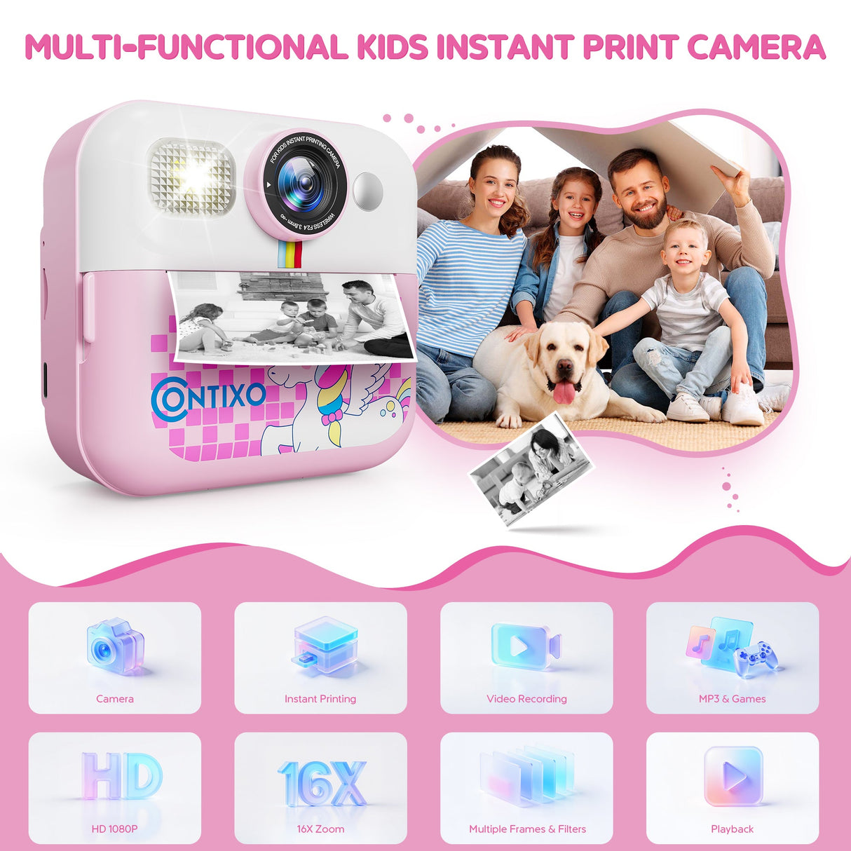 Contixo Kids Instant Print Camera, HD 1080P Digital Camera with 3 Rolls of Paper & 32G Card, 16X Zoom, Games & MP3, Ages 3-12 by Contixo