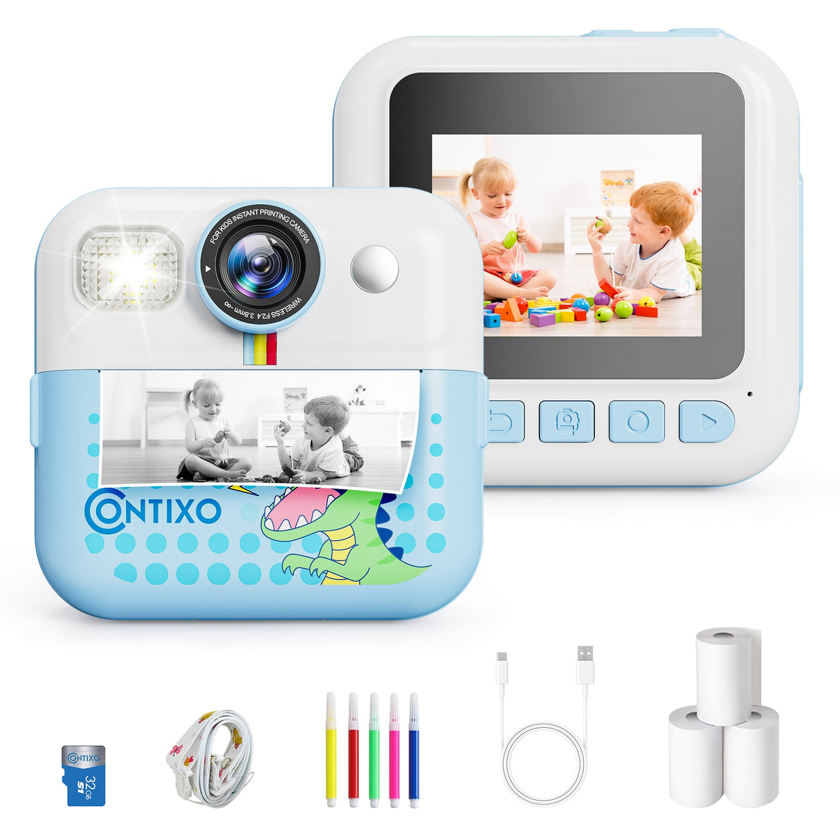 Contixo Kids Instant Print Camera, HD 1080P Digital Camera with 3 Rolls of Paper & 32G Card, 16X Zoom, Games & MP3, Ages 3-12 by Contixo