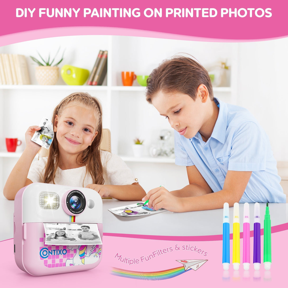 Contixo KC4 Kids Instant Print Camera, HD 1080P Digital Camera With 3 Rolls of Paper & 32G Card, 16X Zoom, Games & MP3, Ages 3-12