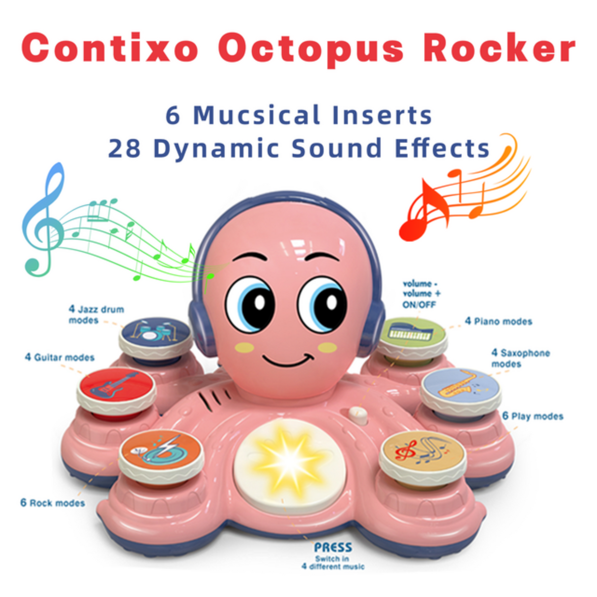 Contixo Baby Piano Toy - Octopus Musical Toy With 6 Keyboards, Ages 6-24 Months, Pink
