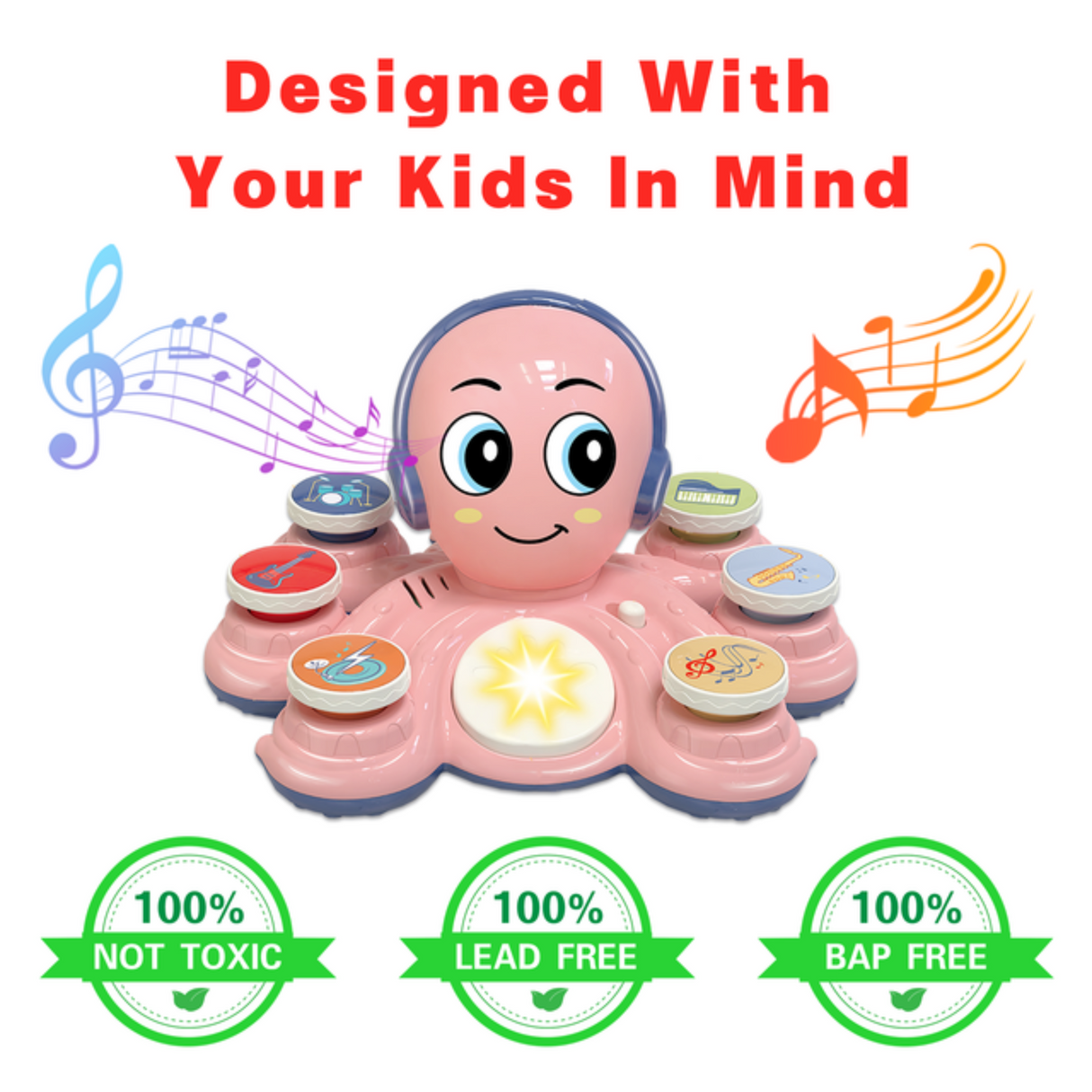 Contixo Baby Piano Toy - Octopus Musical Toy With 6 Keyboards, Ages 6-24 Months, Pink