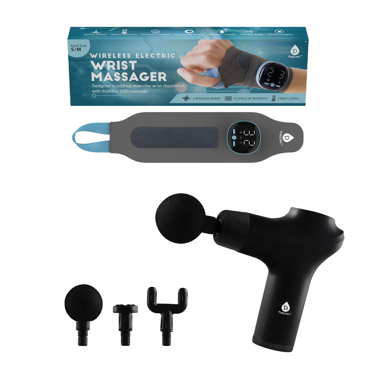 Pursonic EMS Wrist Massager & 3-Speed Massage Gun Bundle – Targeted Relief & Muscle Recovery for Hands, Wrists & Body