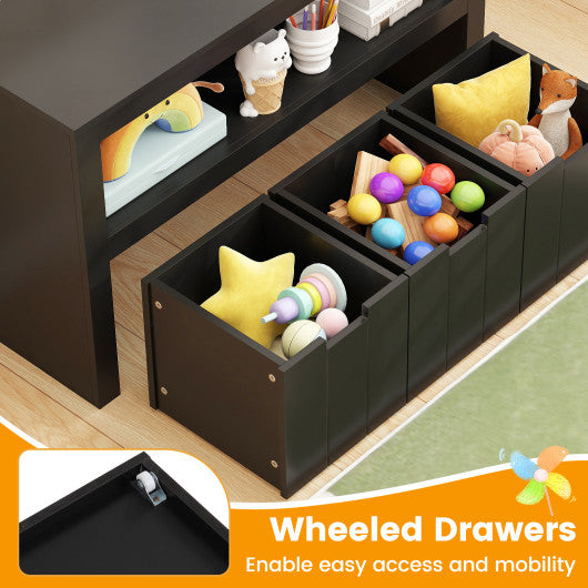 Kid Toy Storage Cabinet Drawer Chest with Wheels and Large Storage Cube Shelf-Black