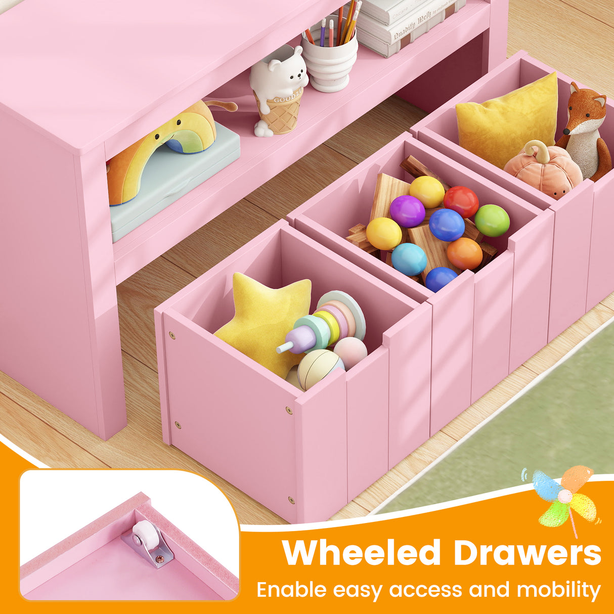 Kid Toy Storage Cabinet Drawer Chest with Wheels and Large Storage Cube Shelf-Pink